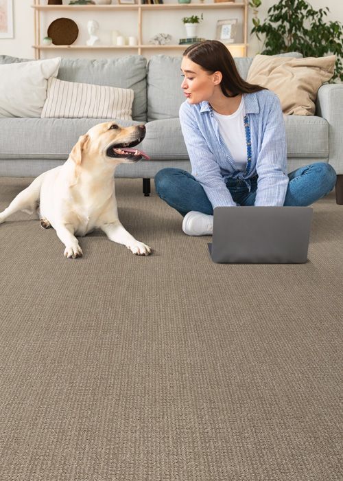 A woman is sitting on the floor with a dog and a laptop.