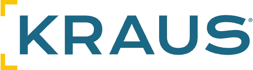 A blue and yellow logo for kraus on a white background.