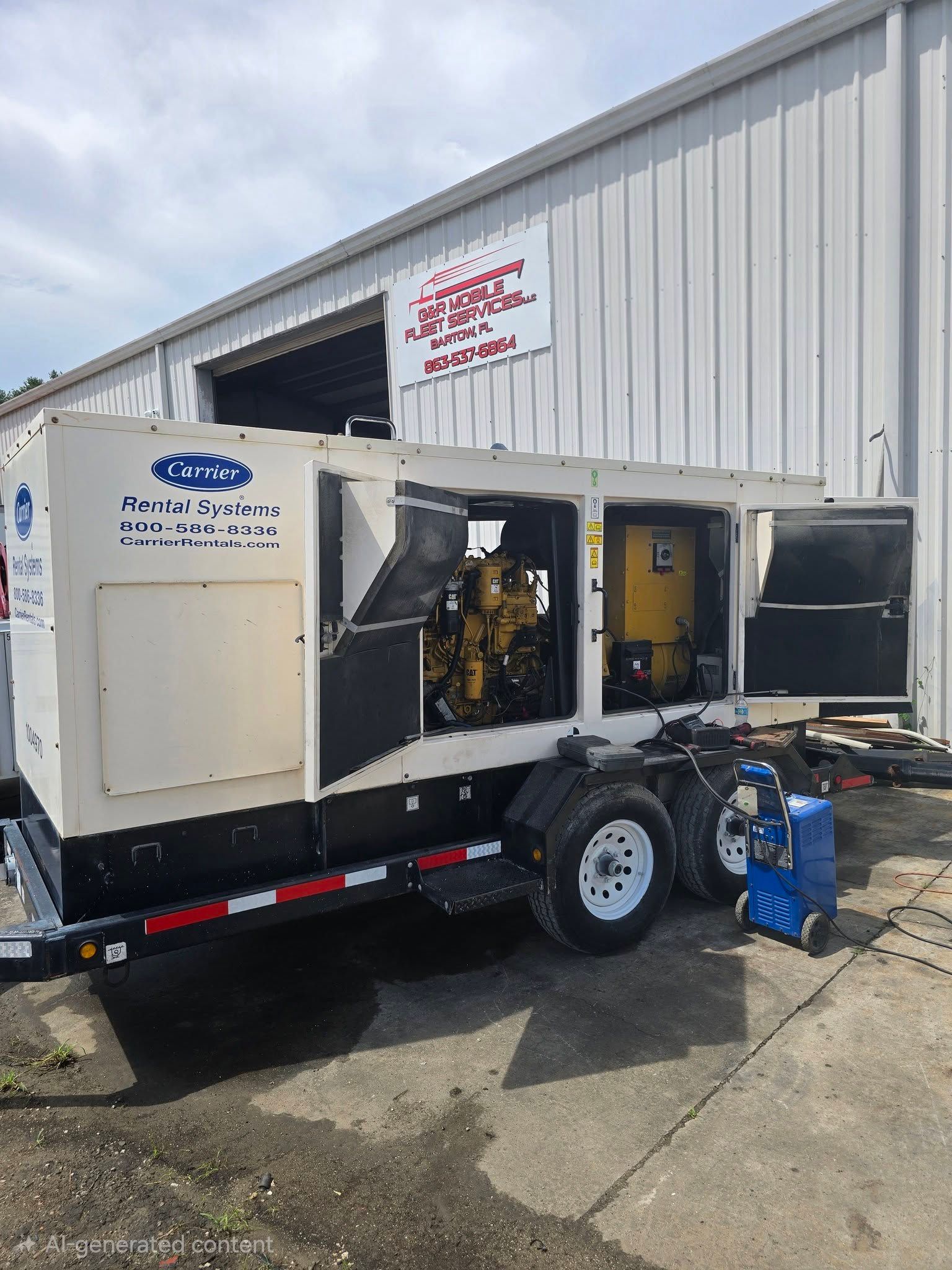 Work truck with open side compartments parked outside a metal building, showing equipment inside.