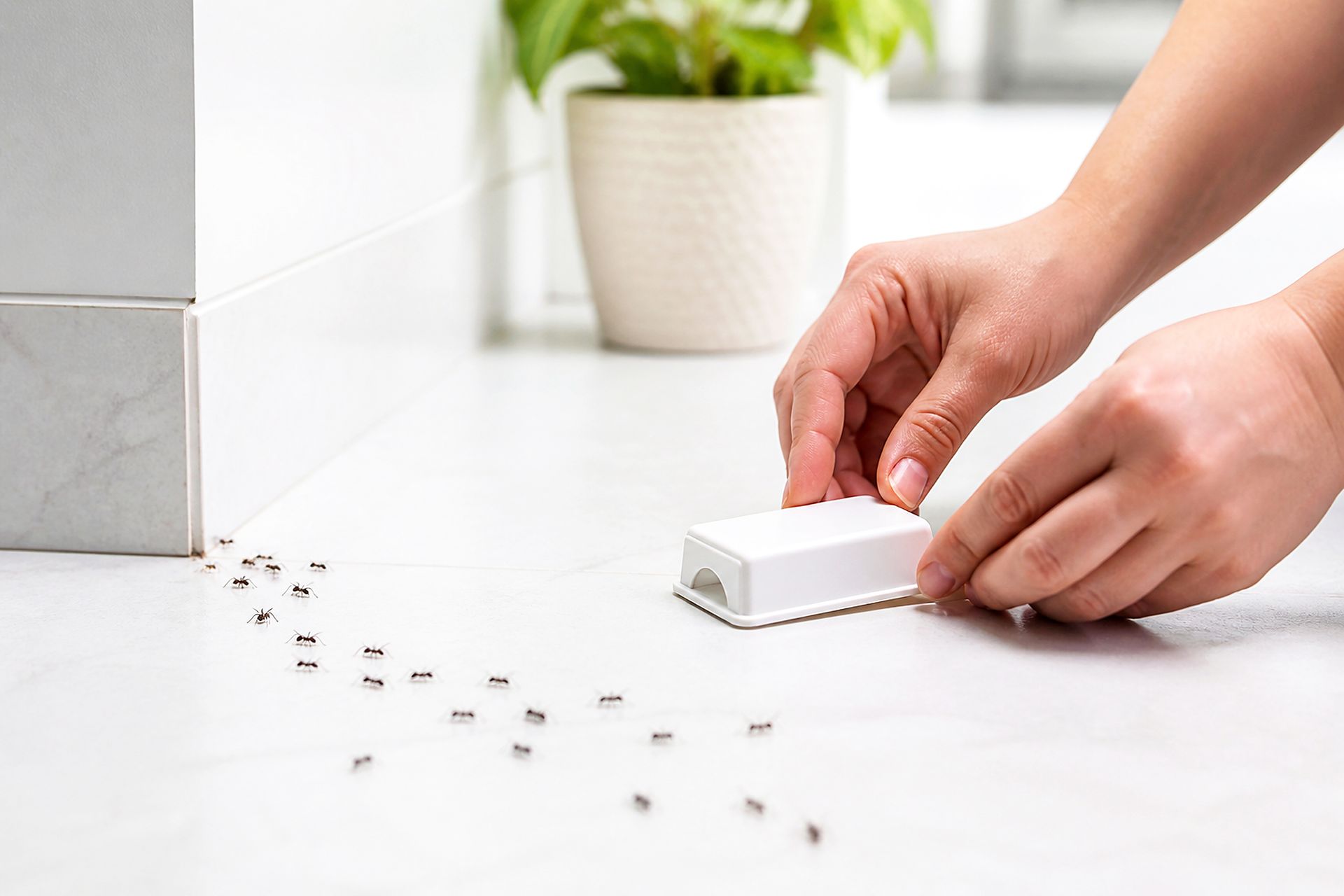 Person placing an ant bait trap near a trail of ants on a floor. Person placing an ant bait trap near a trail of ants on a floor.