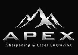Apex Sharpening & Laser Engraving logo with white mountain silhouette on black background