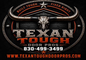 Texan Tough Door Pros logo with bull skull, black and orange colors, phone number and website