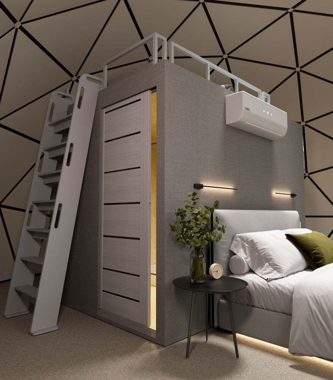 Modern loft bedroom with loft bed, gray walls, white bedding, ladder, and a small side table with plant and lamp
