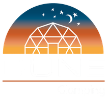 Geodesic dome under a starry dusk sky with a crescent moon and gradient sunset background