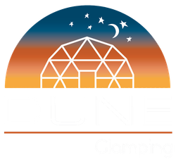 Geodesic dome under a starry crescent moon at sunset over an orange horizon