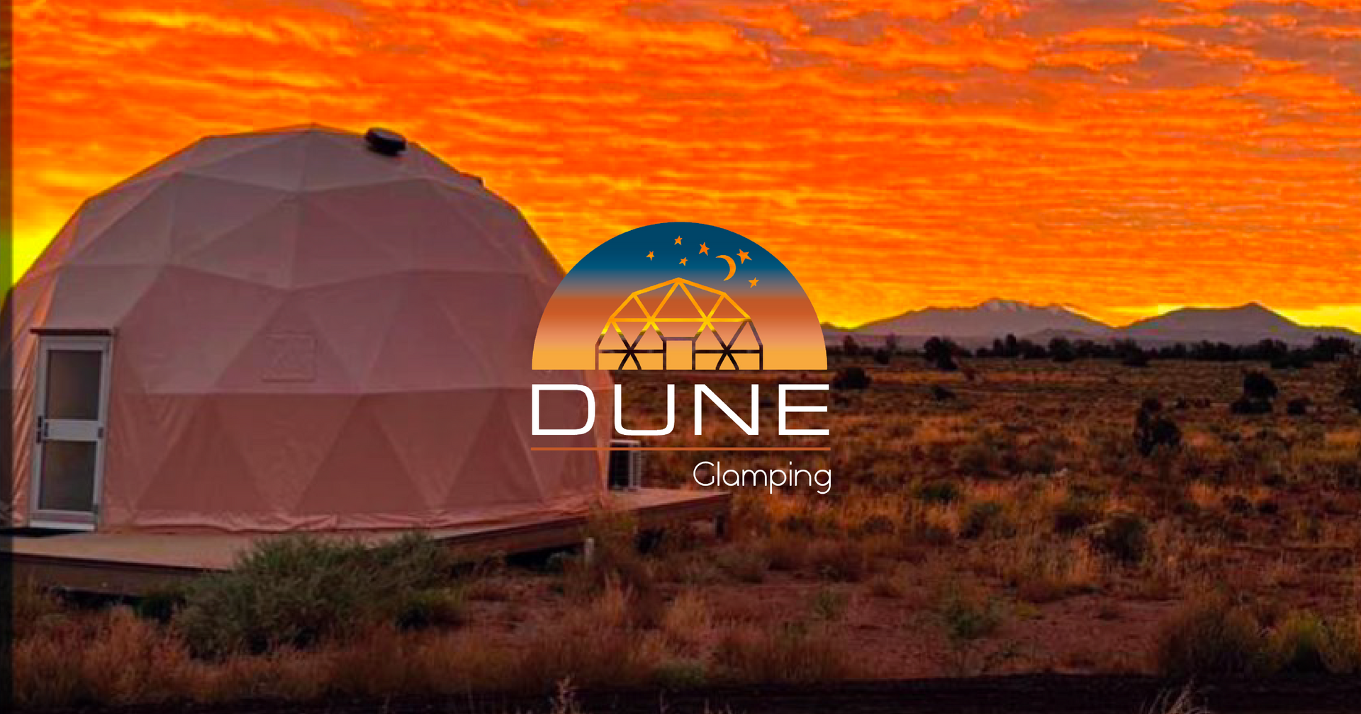 Geodesic dome cabin at sunset in a desert landscape, with DUNE logo overlaid