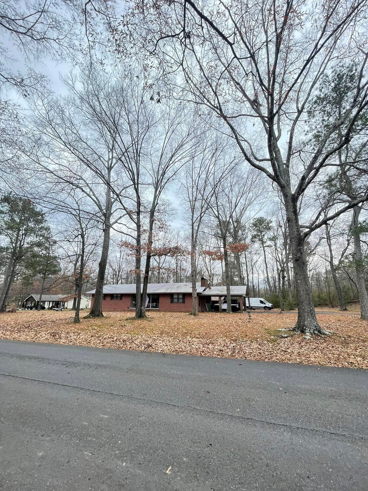 A single-story, reddish-brick house sits behind a layer of autumn leaves, viewed from an asphalt road under a cloudy sky.
