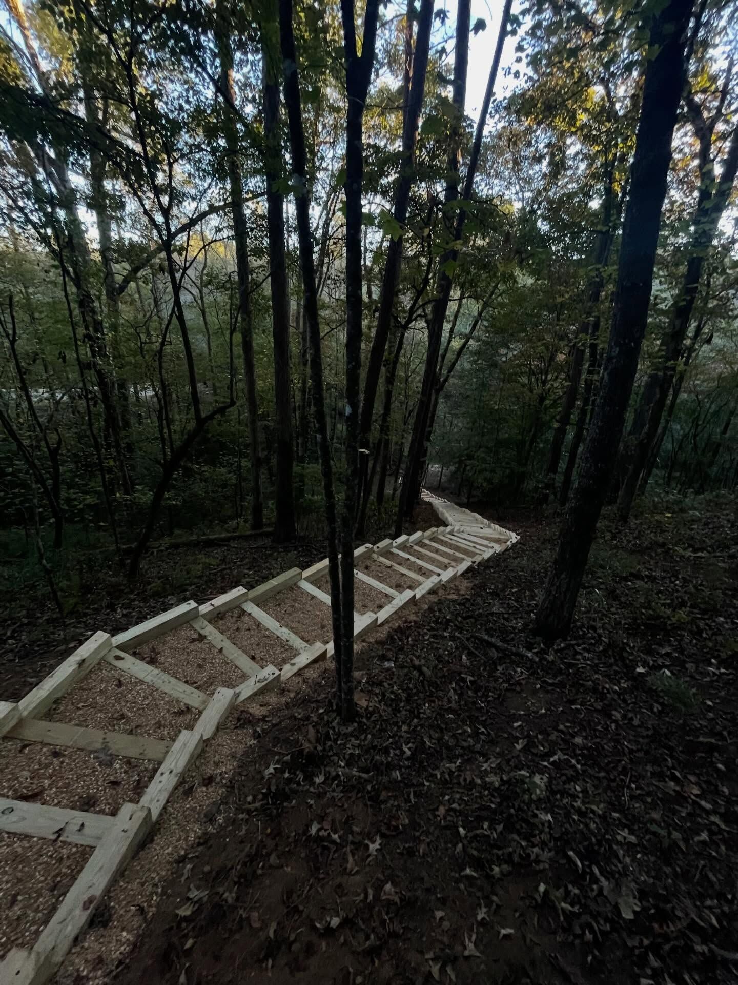 A set of newly constructed wooden stairs descends into a wooded area, filled with light gravel and surrounded by trees.