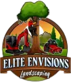 Logo for Elite Envisions Landscaping featuring a tree worker, red excavator, and red lawn mower against a mountain backdrop.