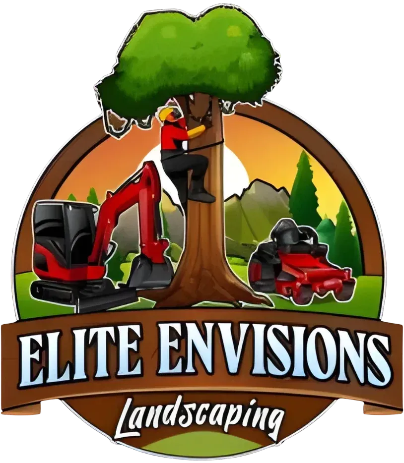 Logo for Elite Envisions Landscaping featuring a tree worker, red excavator, and red lawn mower against a mountain backdrop.