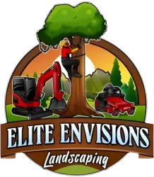 Logo for Elite Envisions Landscaping featuring a tree worker, red excavator, and red lawn mower against a mountain backdrop.