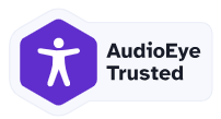 AudioEye Trusted logo with white accessibility figure on purple shield icon and text on white background