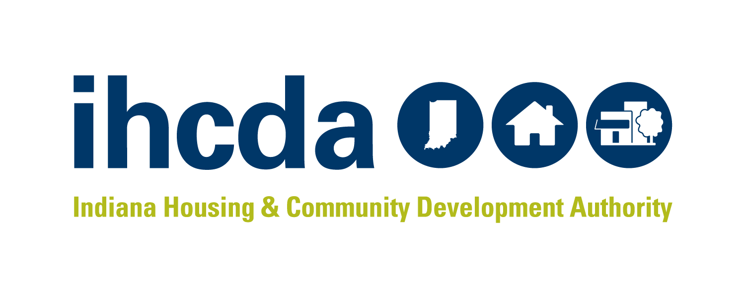 Indiana Housing and Community Development Authority logo in blue and gold with home and car icons