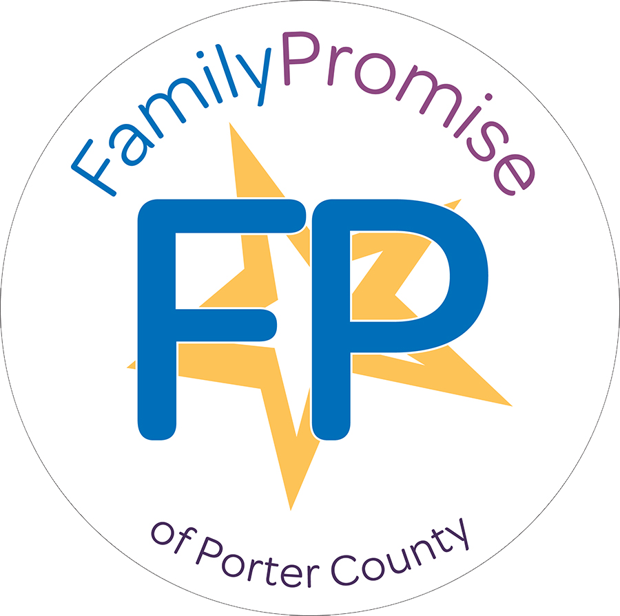 Family Promise of Porter County logo: Blue FP initials with starburst, text 