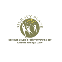Silhuvy Place psychotherapy logo with tree and figures, gold and green text on white background
