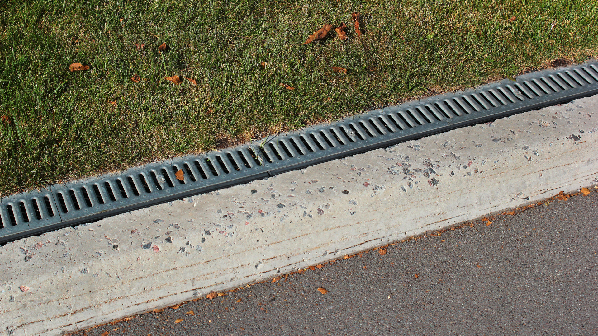 Grassy area, concrete curb, and metal grate drain beside asphalt road.
