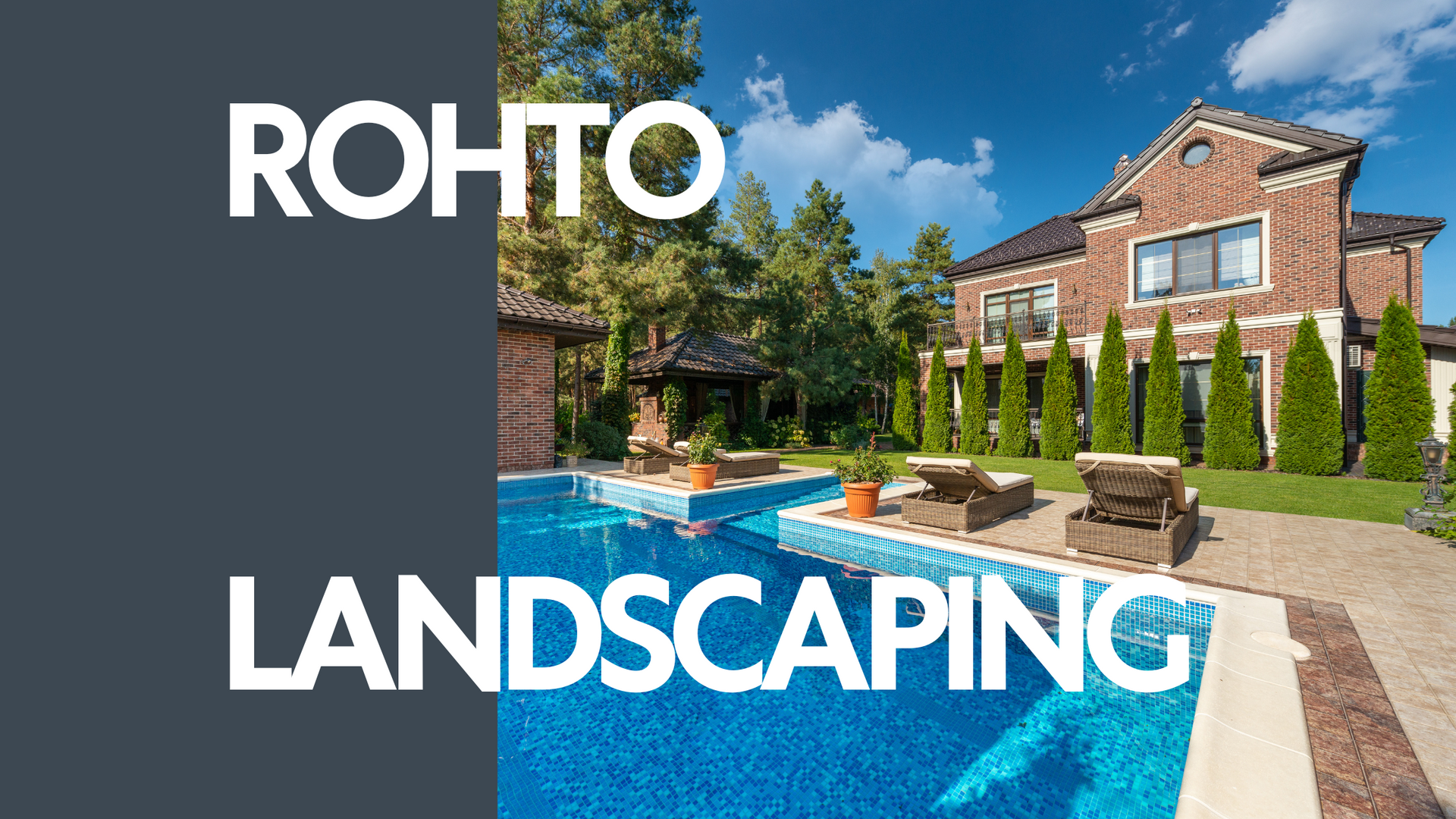 Rohto Landscaping: A luxury home with a pool and lush landscaping under a blue sky.