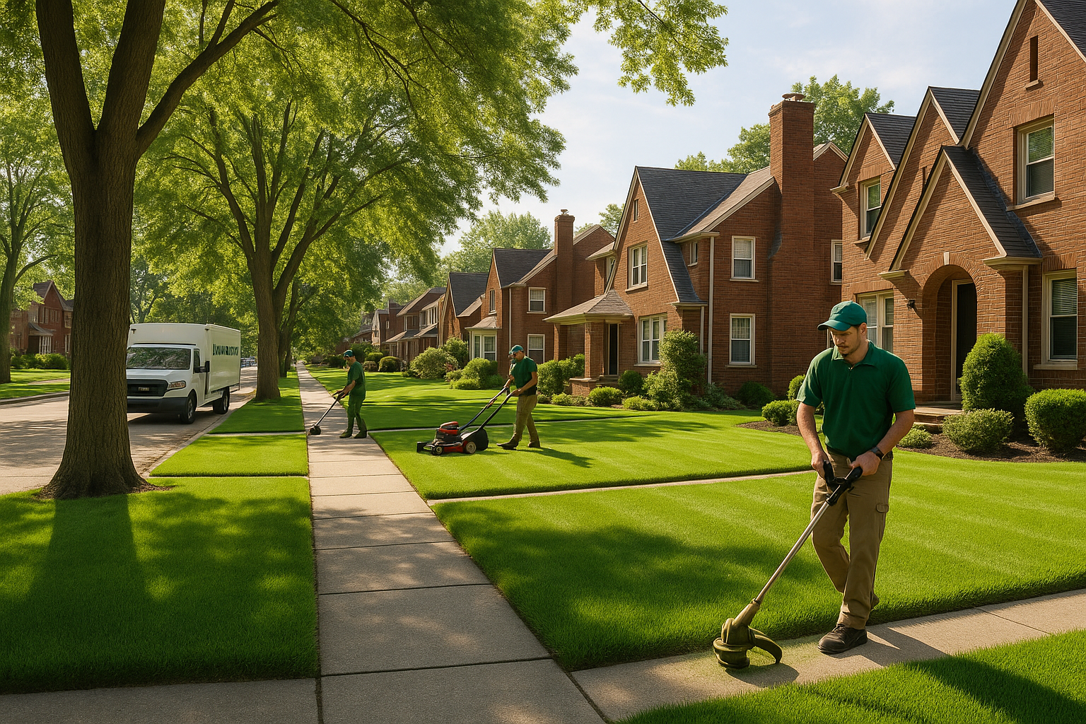 Lawn care crew mowing lawns in a tree-lined residential neighborhood.