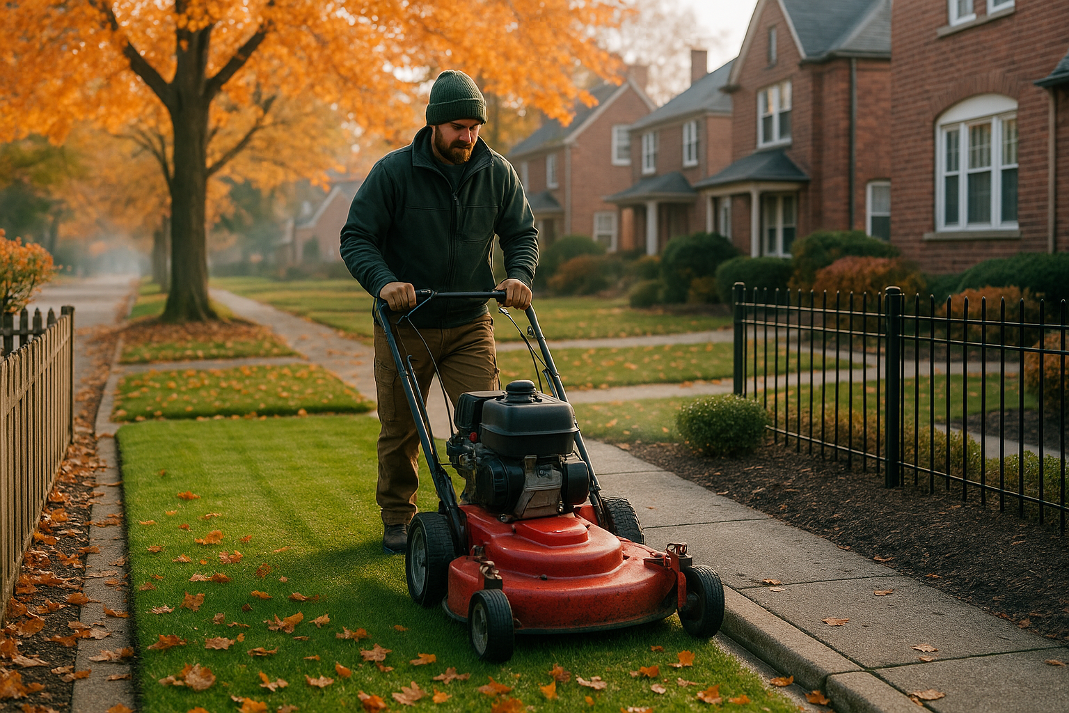 Man mowing the lawn in front of a brick house on a fall day.