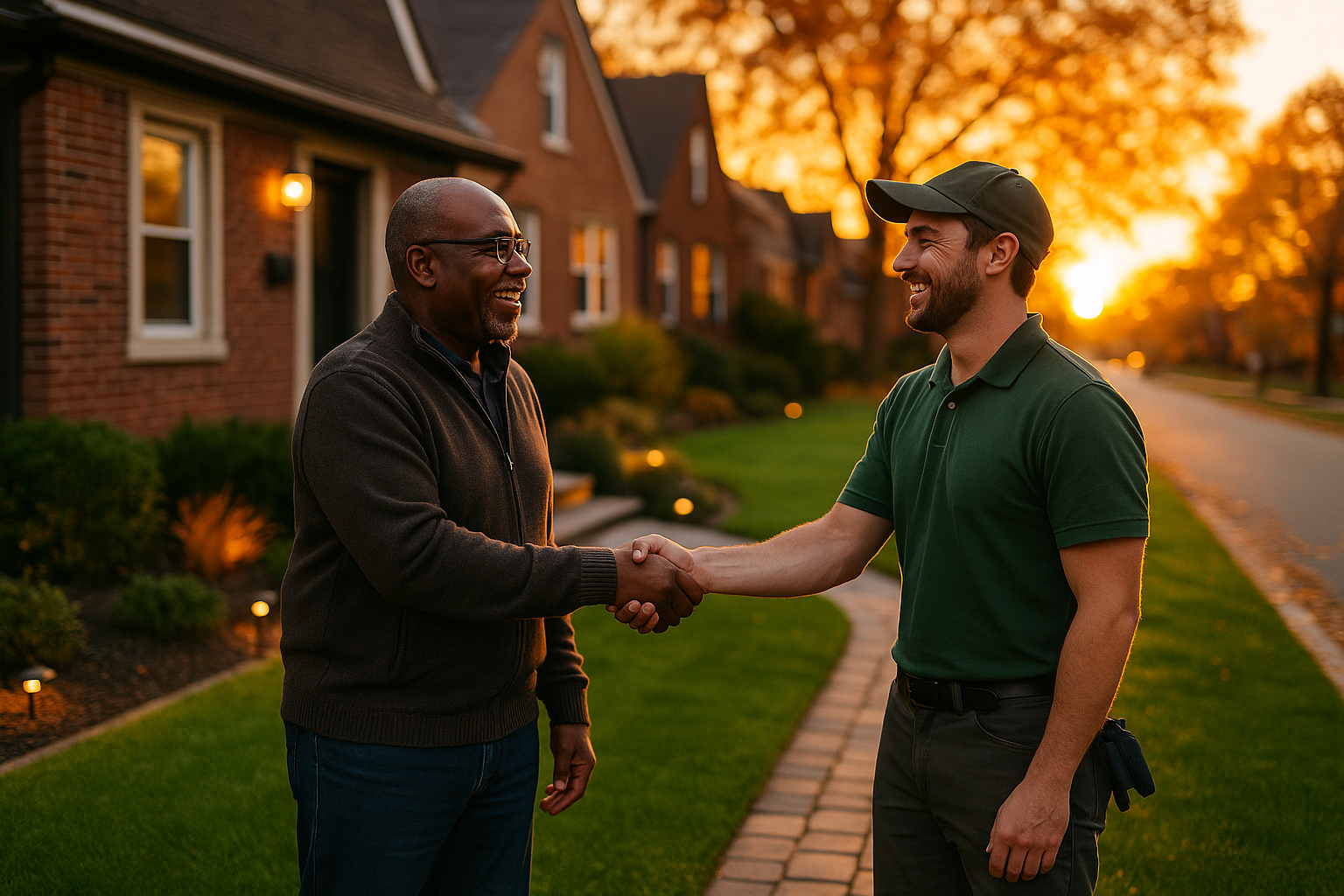 An older Black man shaking hands with a younger white man in front of a house at sunset.