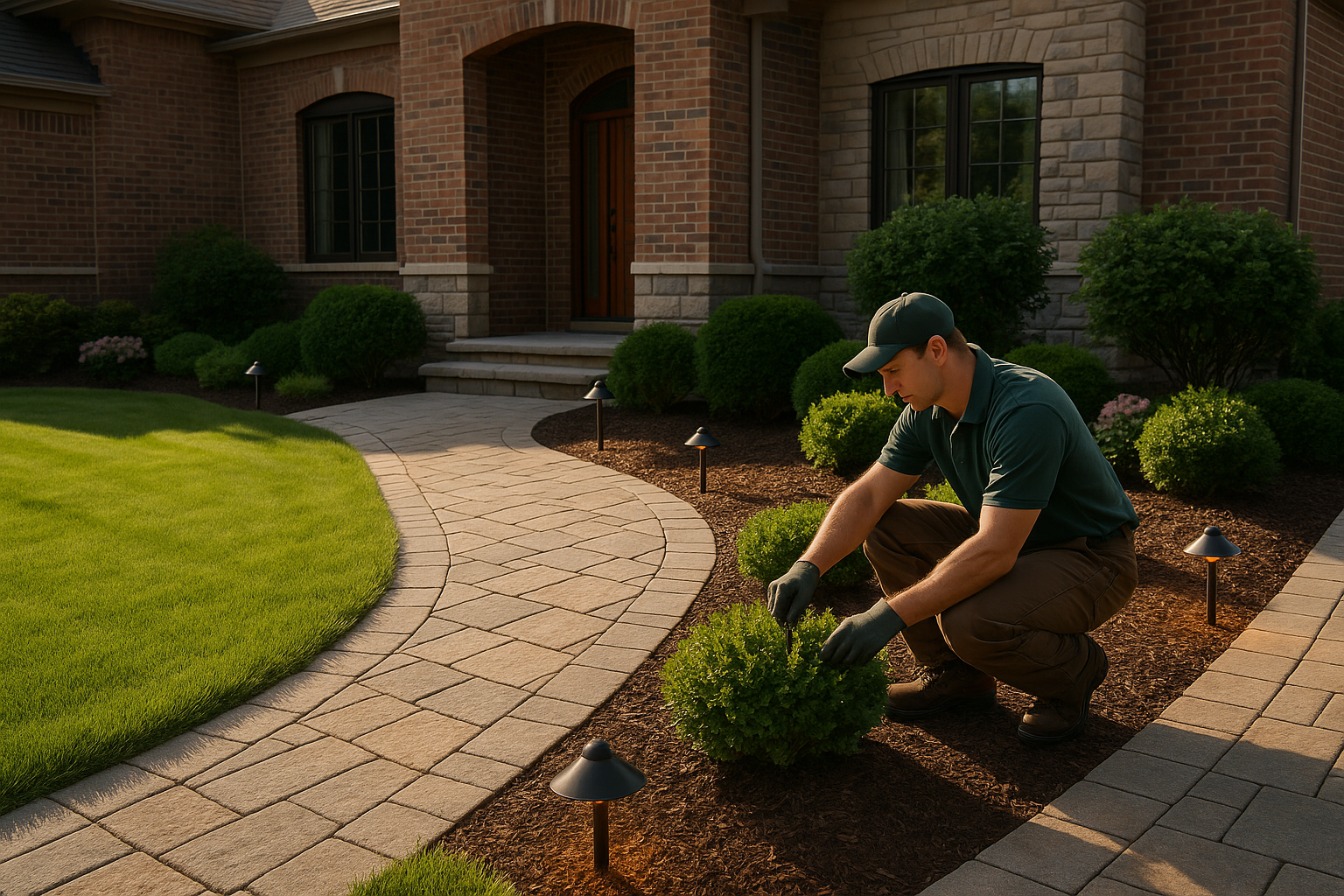 Man in green shirt trims bushes in front of a brick house with pathway and lush lawn.