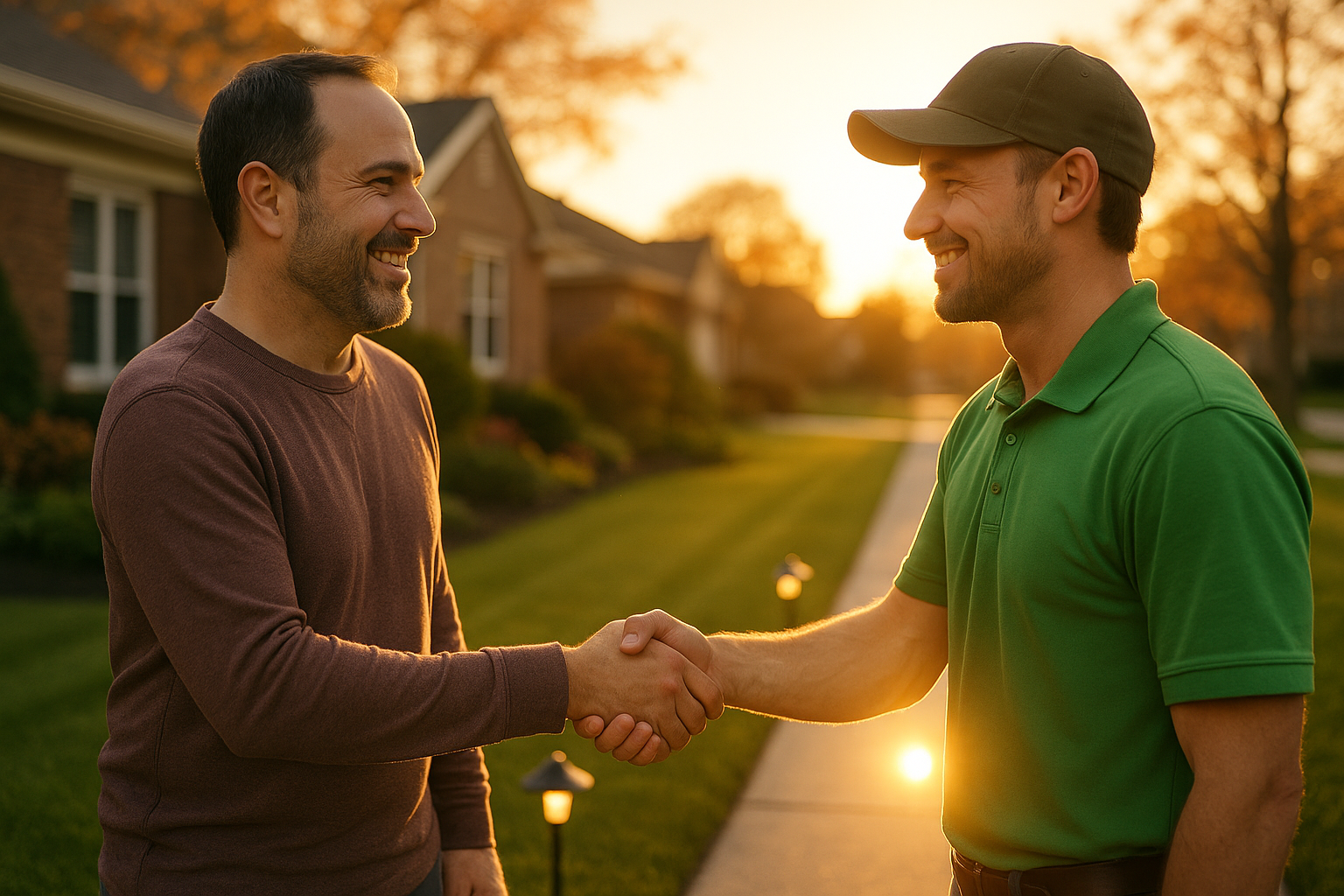 Two men shaking hands in a residential neighborhood at sunset.