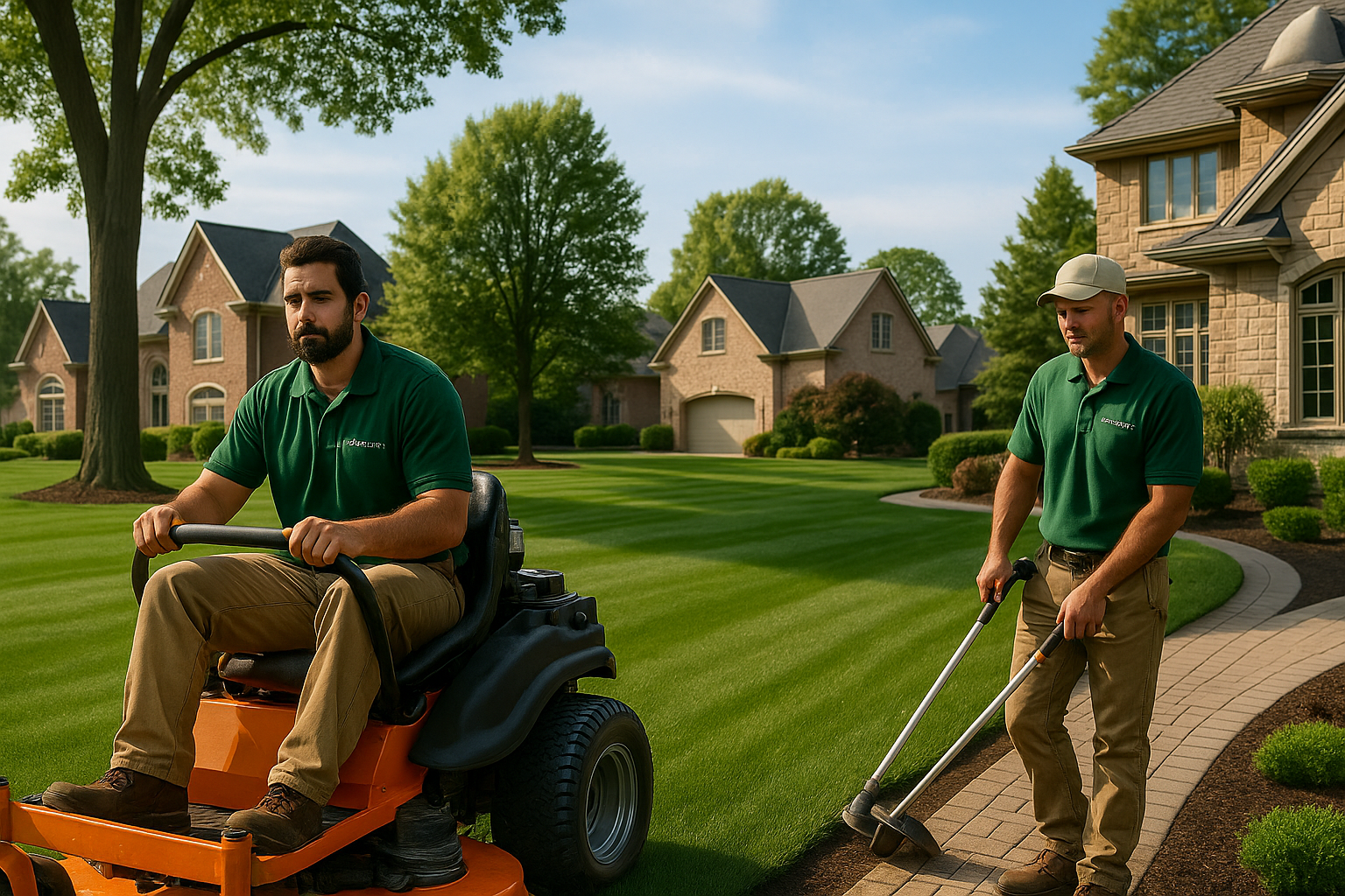 Two men mowing a lawn, one on a riding mower, the other edging a walkway, in front of a large house.