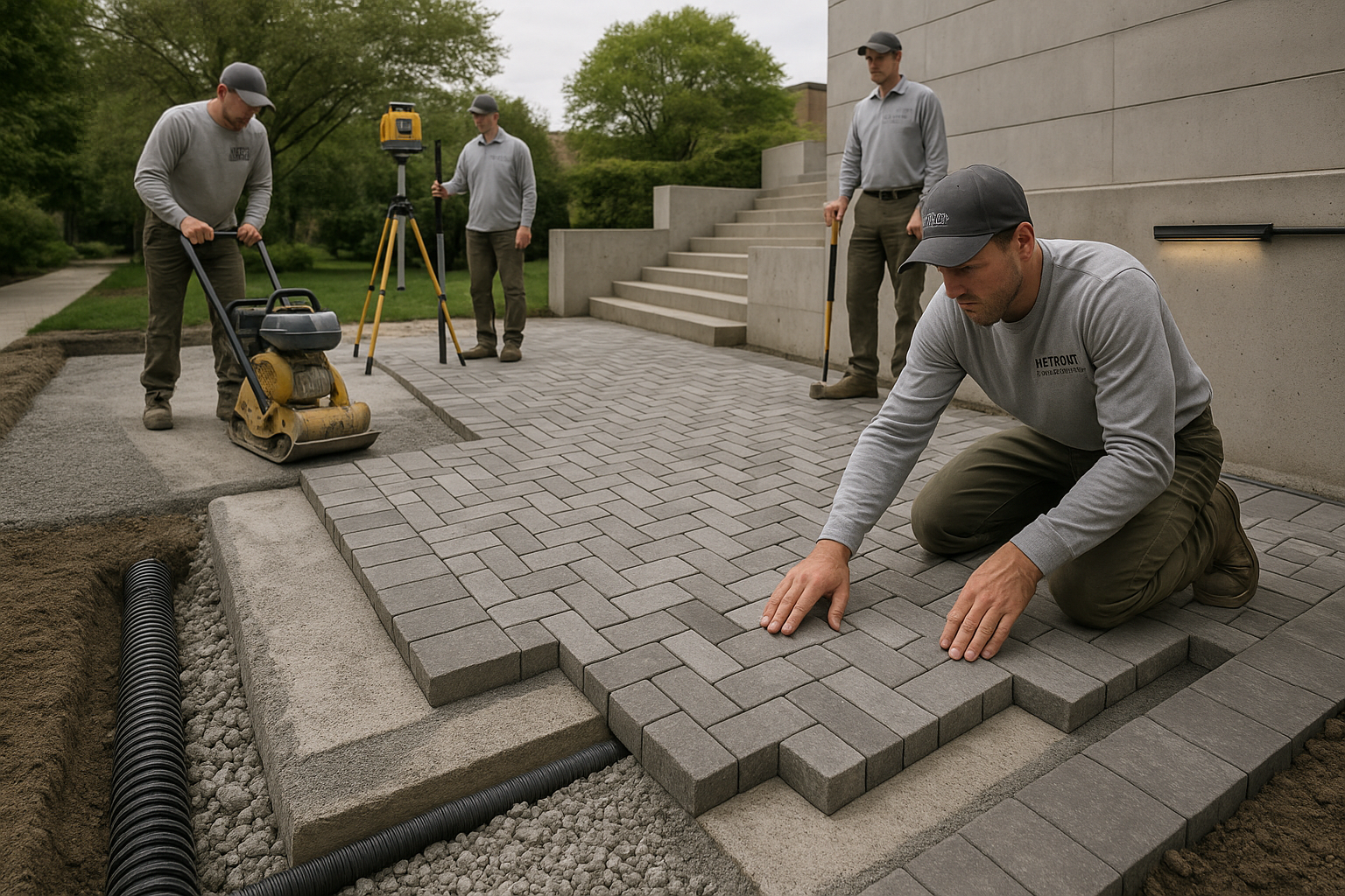 Construction workers laying interlocking pavers; outdoors. One kneels placing stones, others use tools.