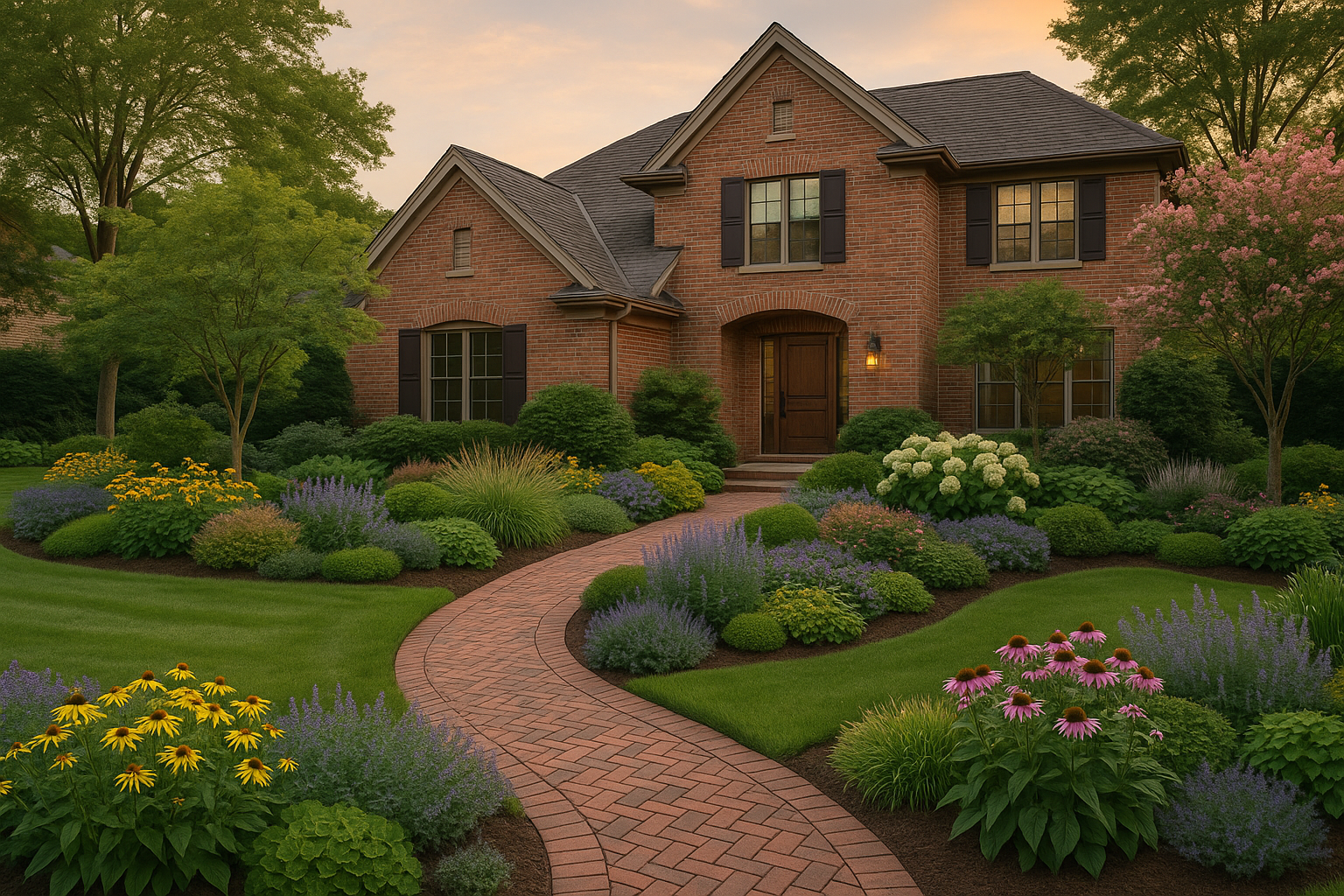 Planted garden beds and pathway designed as part of a residential landscape