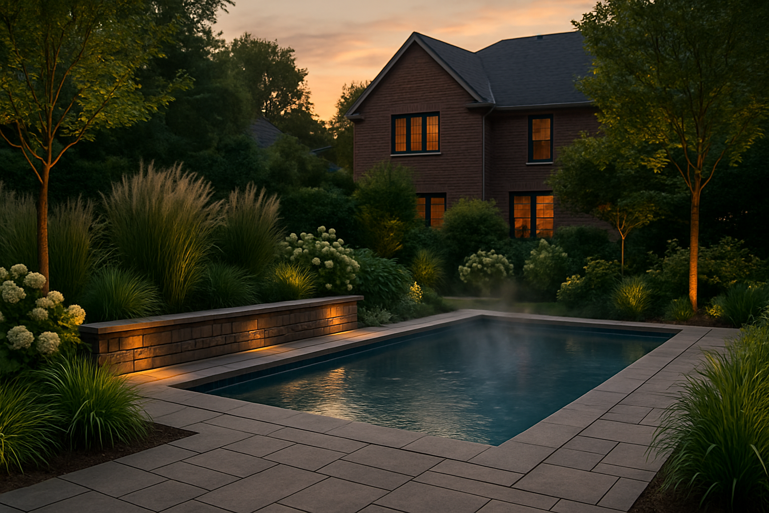 Backyard pool area with surrounding landscaped patio and plantings