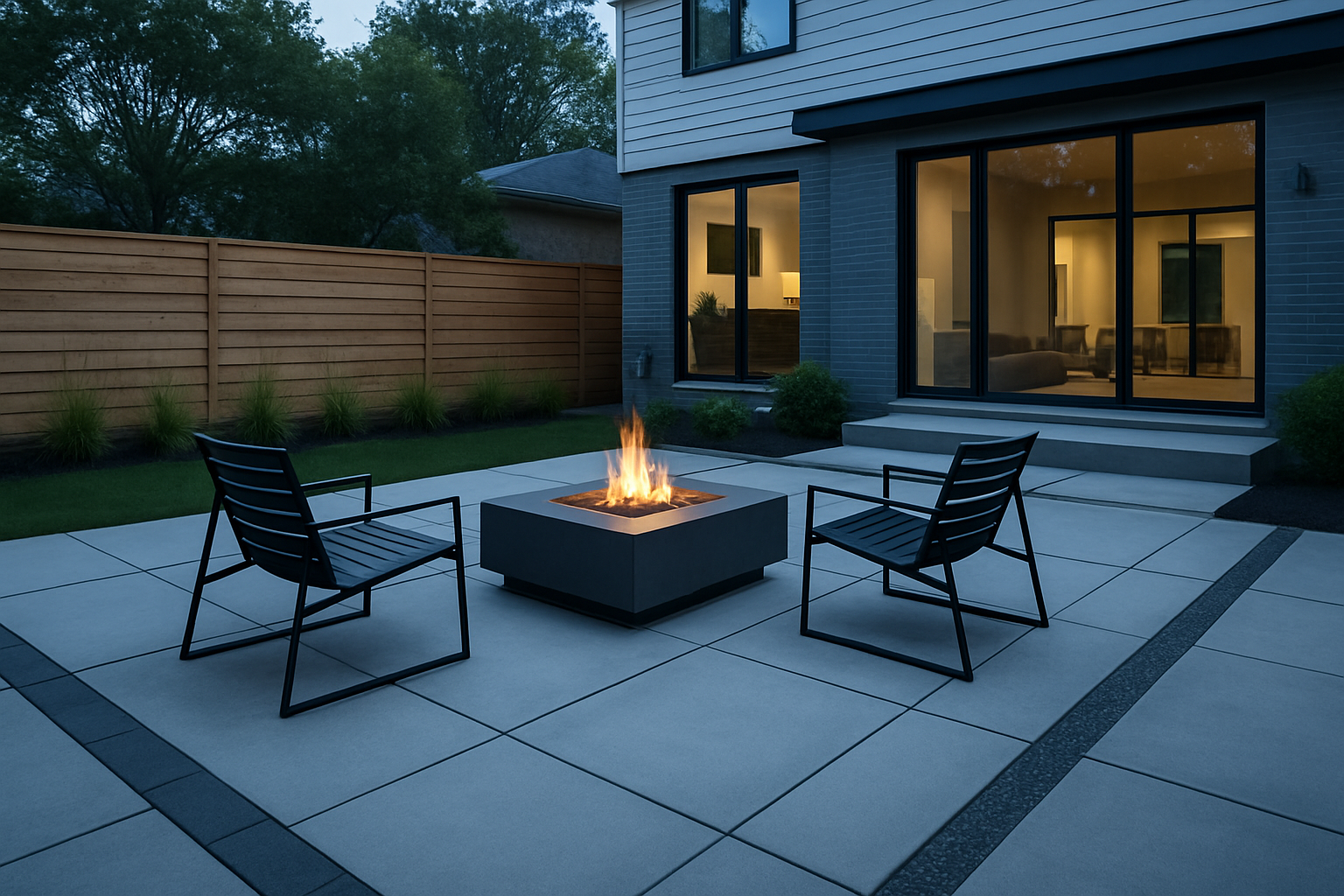 Stone patio and hardscape structure built into a residential backyard