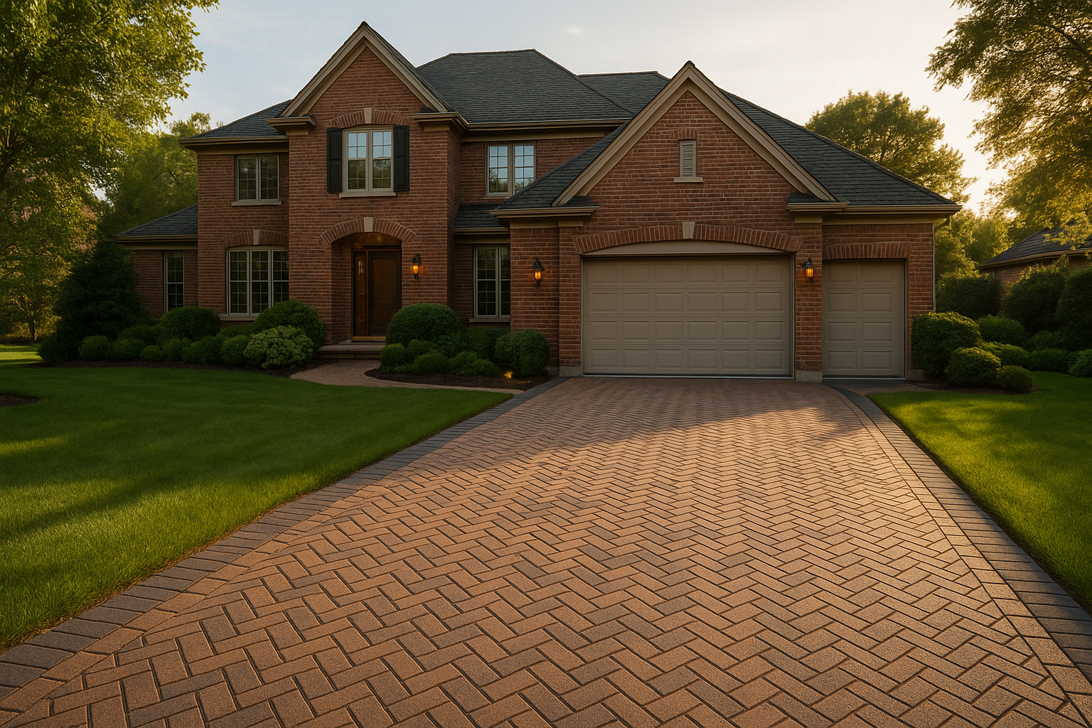 Paver driveway installed at the front of a residential home