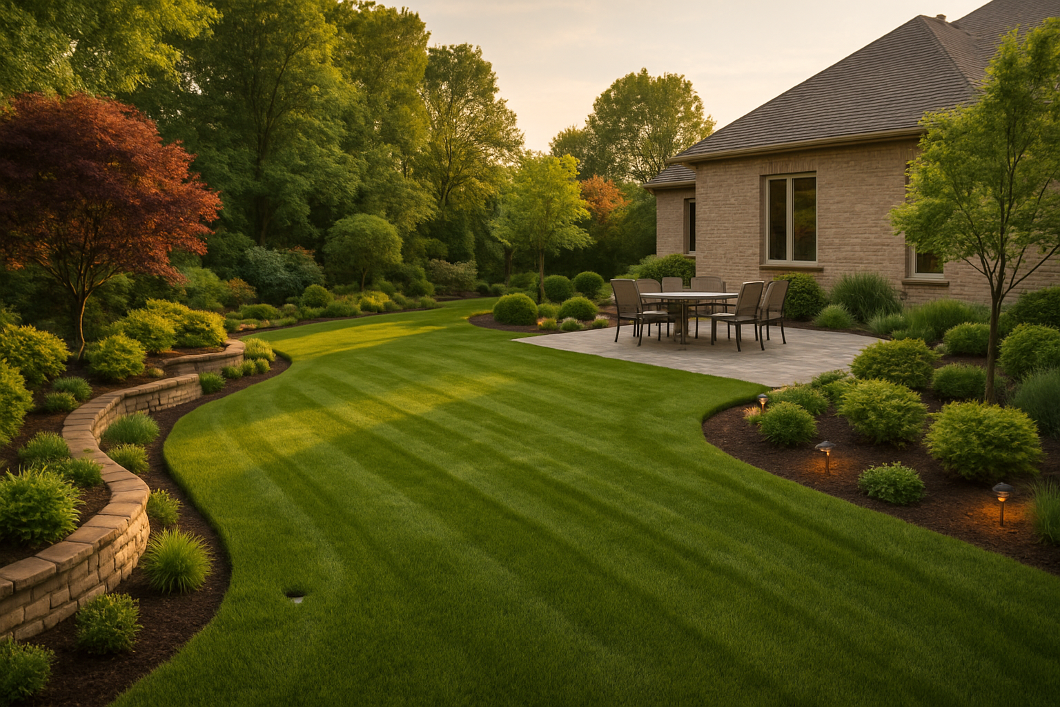 Brick house with manicured lawn and stone walkway.