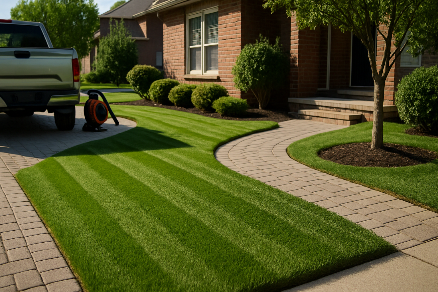 Well-maintained lawn and planting beds on a landscaped property