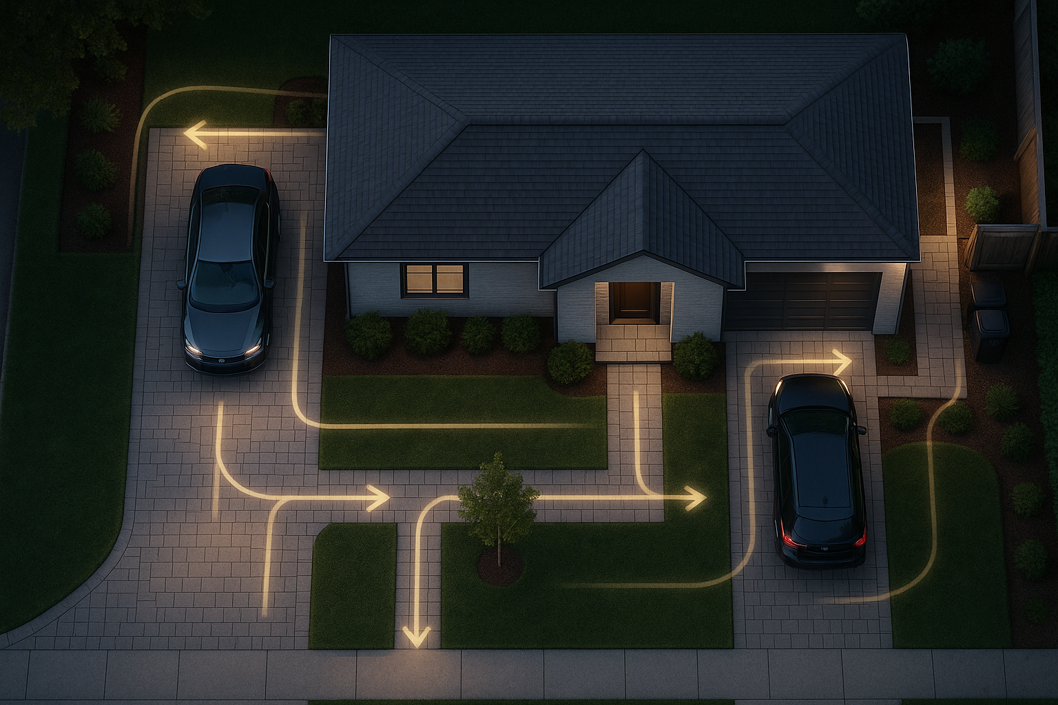 A house at night with two cars, marked by illuminated paths for entry and exit.