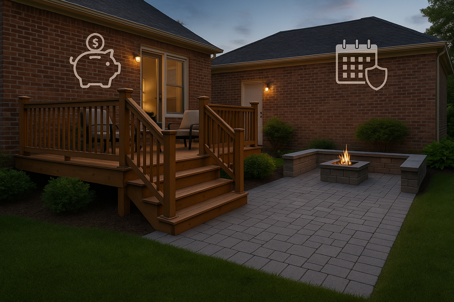 Backyard patio with deck, fire pit, and brick buildings. Piggy bank and calendar icons overlaid.