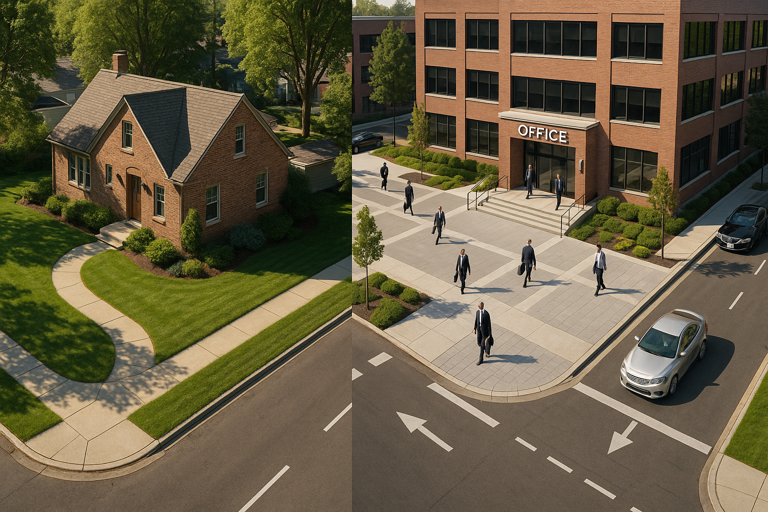 Brick house and office building at a corner. People walk on sidewalk, cars on road. Sunny day.