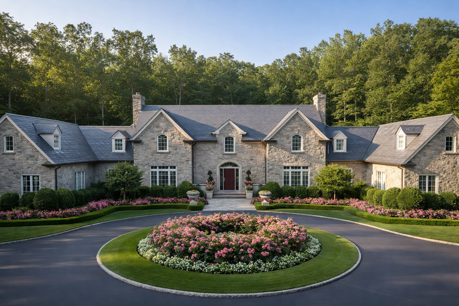 Lush green backyard with manicured lawn, stone patio with table and chairs, brick house, and landscaped gardens.