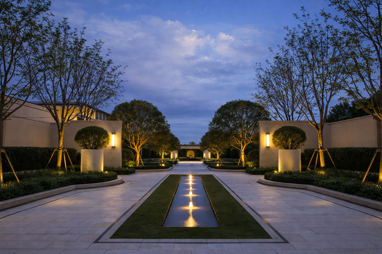 Courtyard garden at dusk with a lit central pathway, trimmed trees and softly lit walls