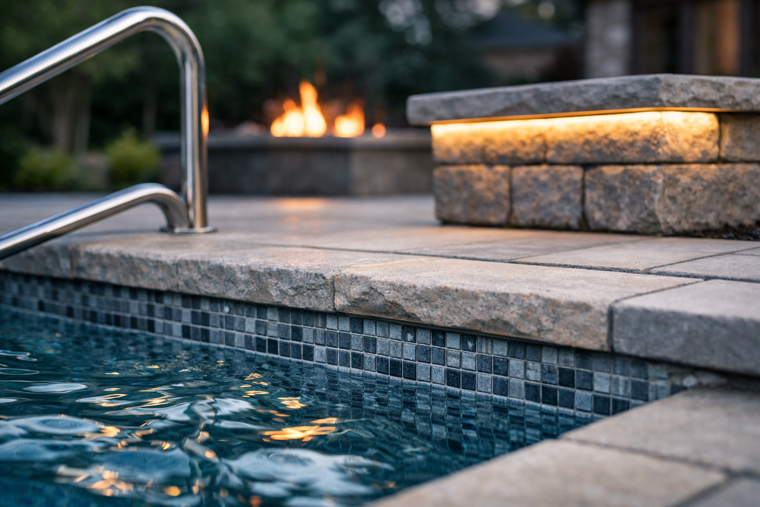 Frost covers brown grass and wooden mulch, separated by a curved metal garden border.