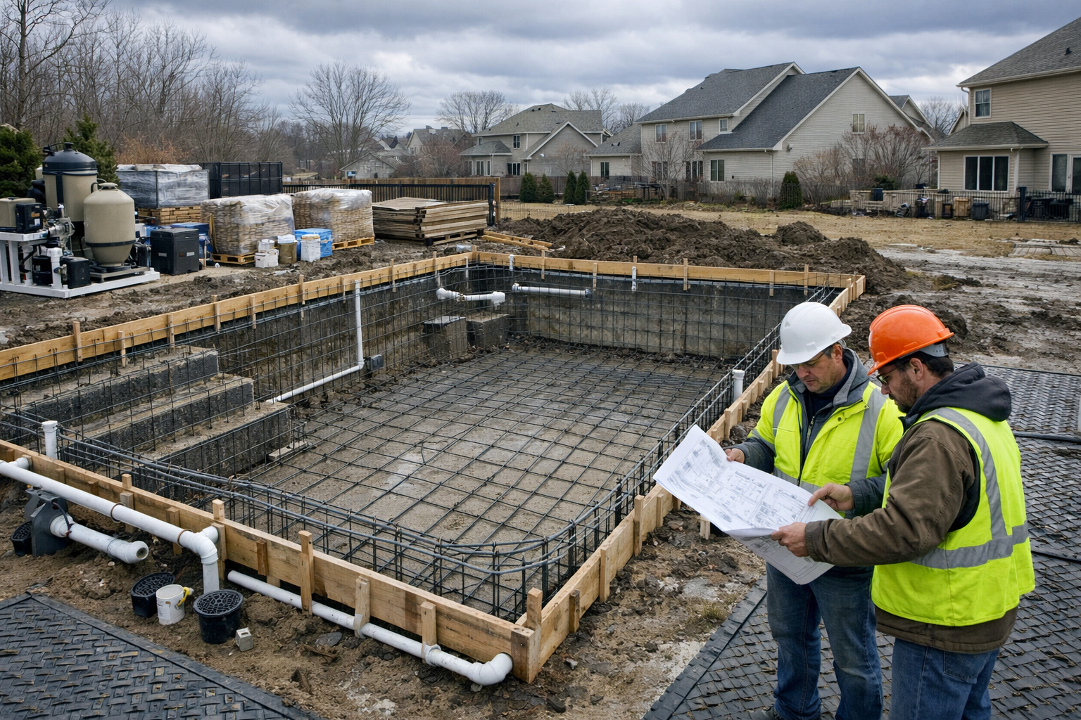 Pool under construction as part of a landscaped backyard project