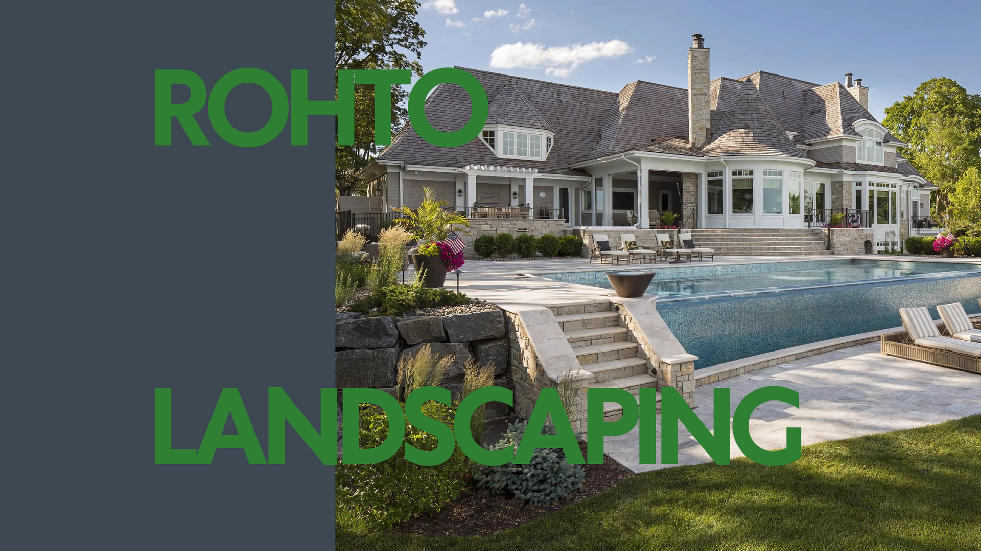 ROHTO Landscaping logo over a luxurious home with a pool and lush landscaping.