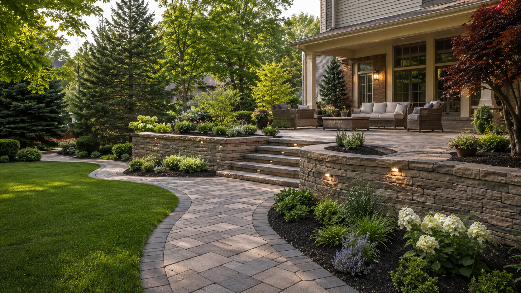 Curved stone walkway through a landscaped garden to a house with a porch and stone steps