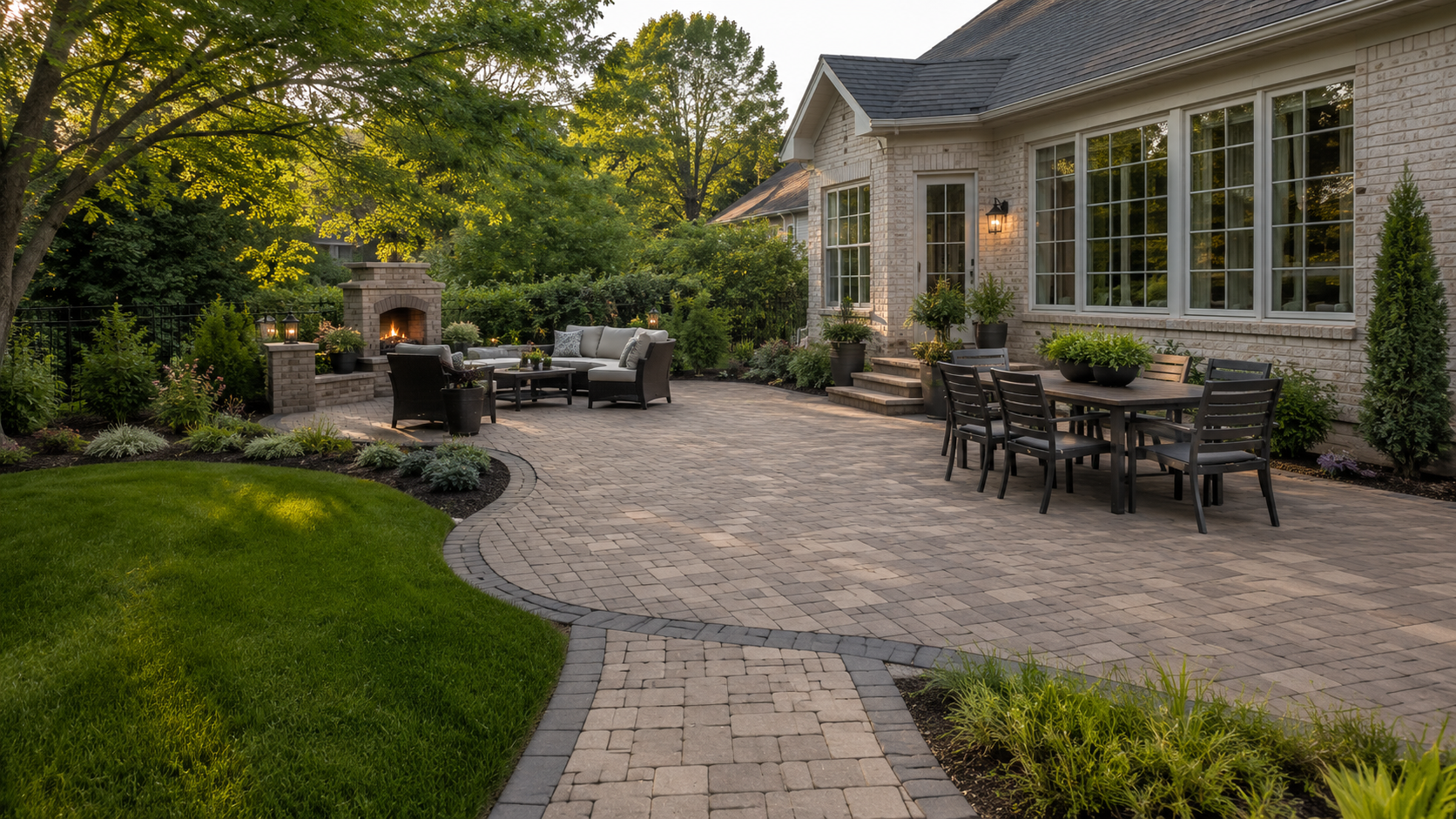 Stone patio with outdoor dining tables beside a house, landscaped garden, and built-in firepit.