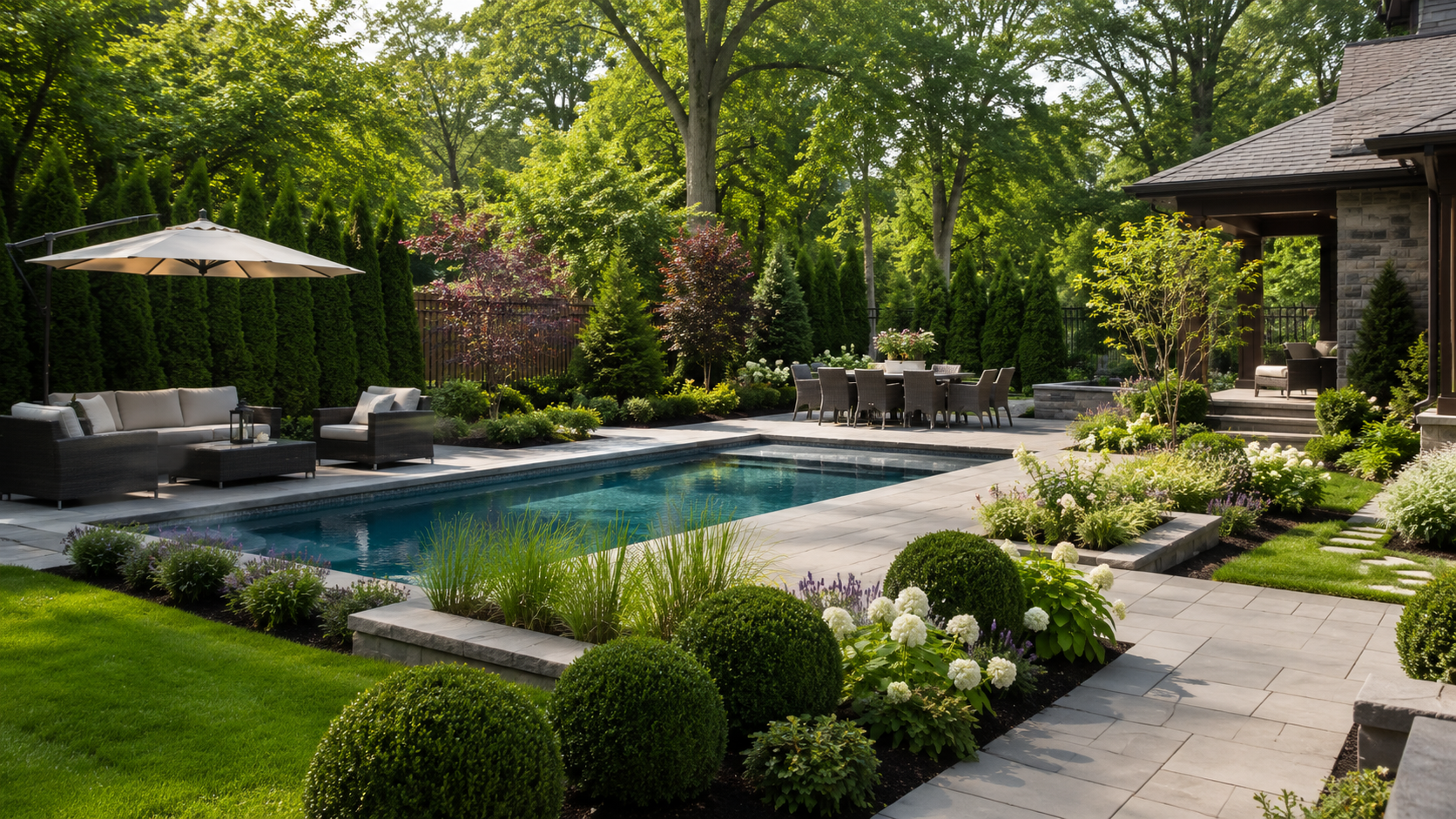 Luxurious backyard pool with patio seating, lush greenery, and a shaded gazebo