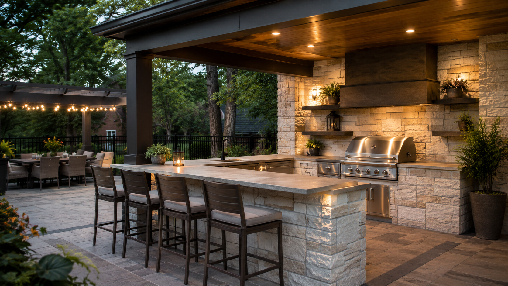 Outdoor stone patio with built-in grill, bar seating, and warm lighting under a covered roof