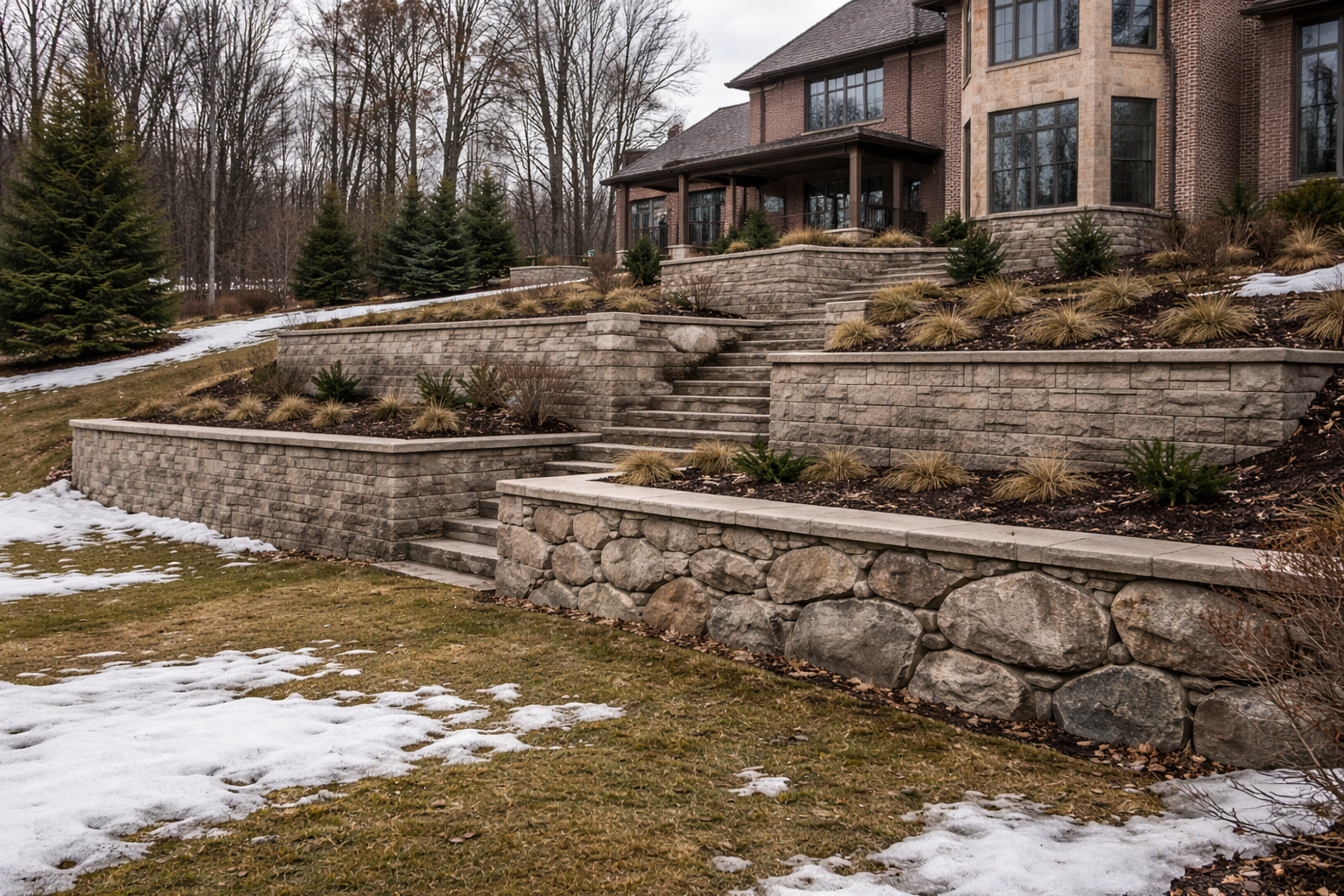 Stone retaining walls terraced into a snowy front yard beside a large brick house and trees