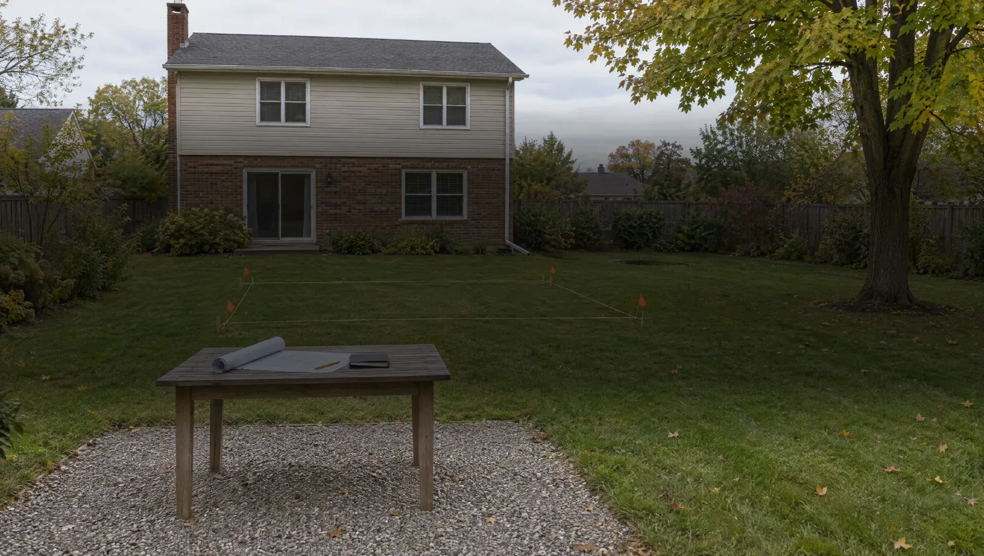 Illustration of a backyard lawn with a marked patio outline and a table holding rolled plans.