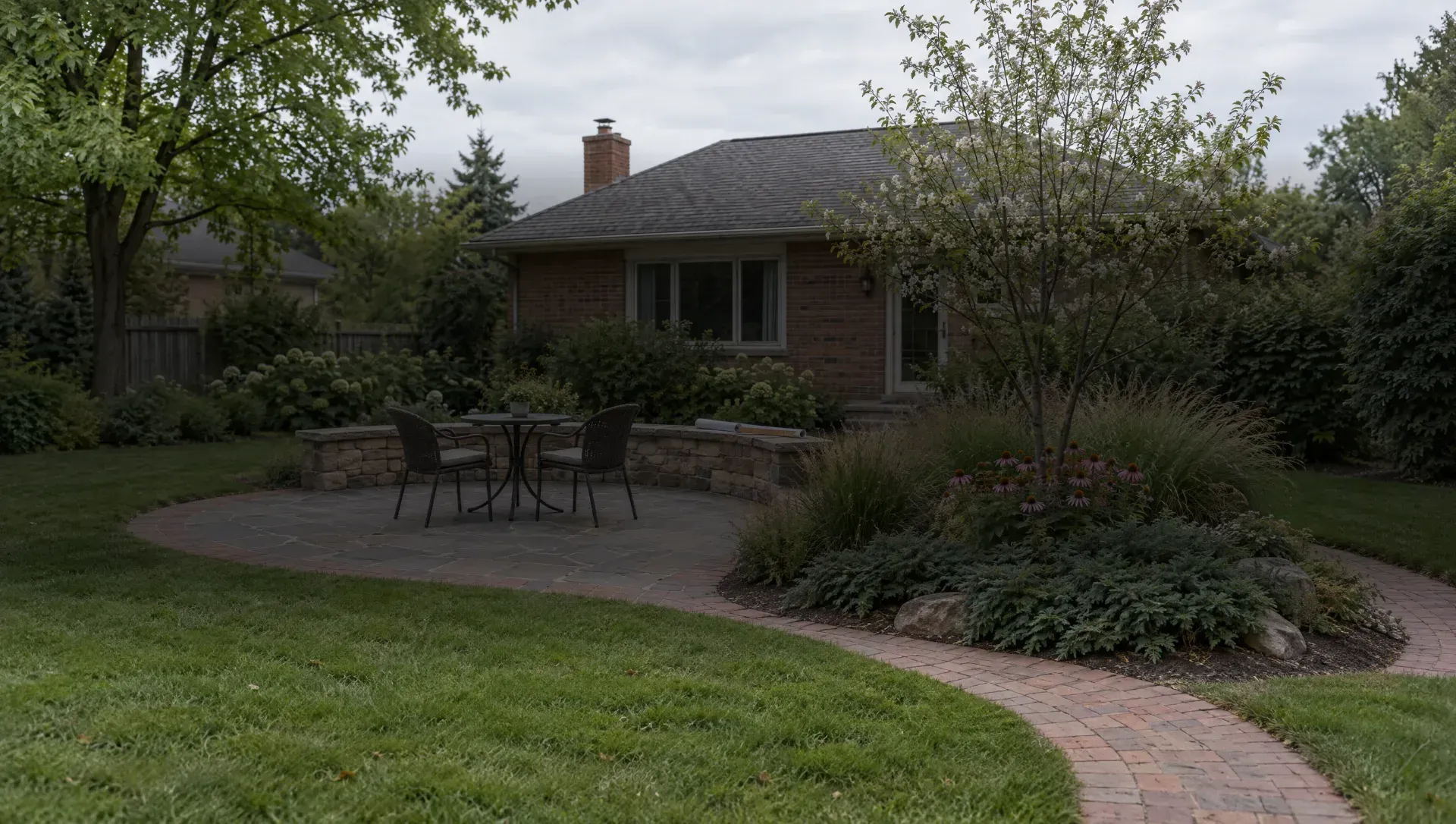 Illustration of a curved paver terrace with a table and two chairs, a seat wall and a planting bed.