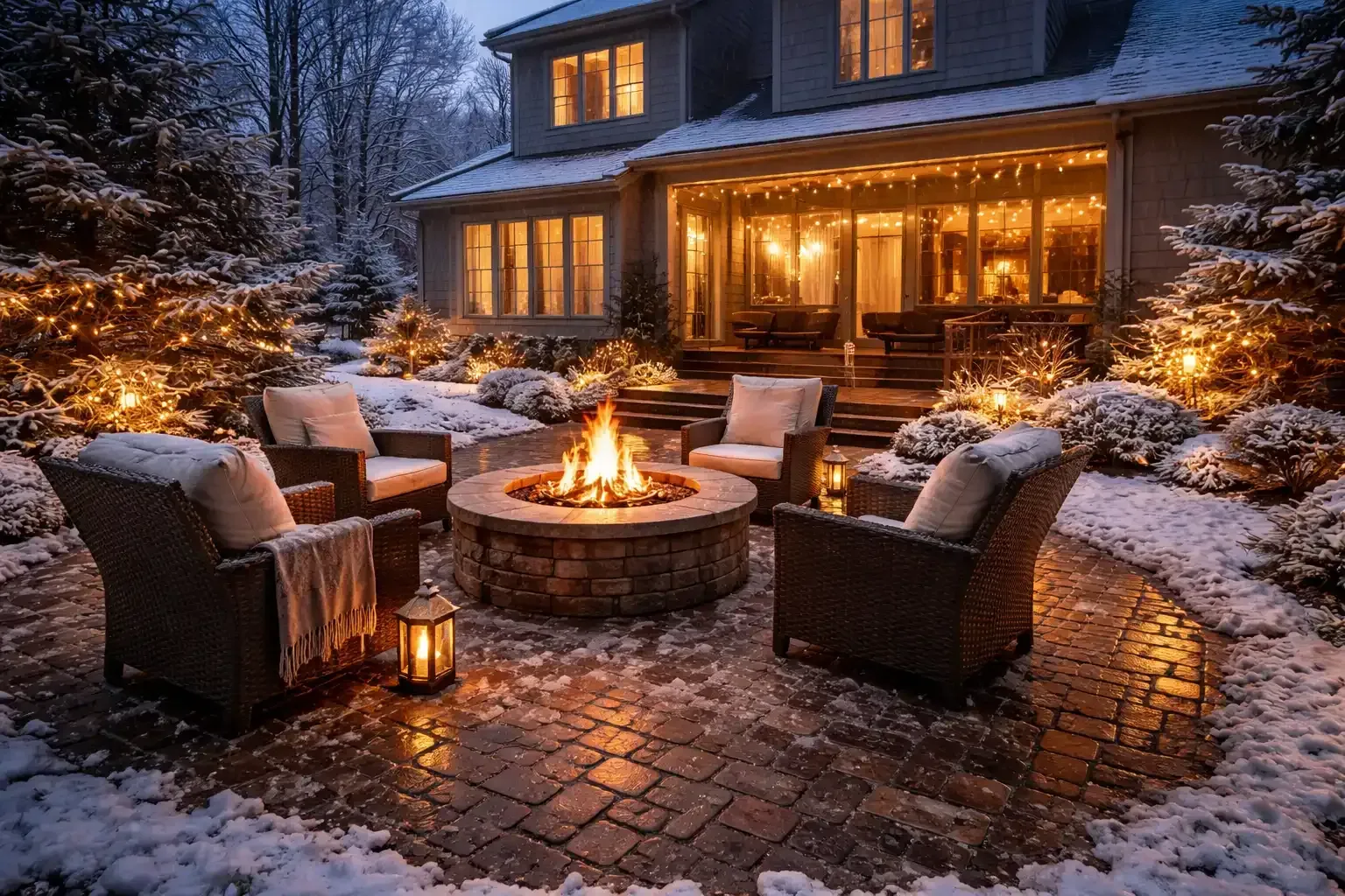 Backyard fire pit lounge area with seating, string lighting, and stone patio for outdoor entertaining